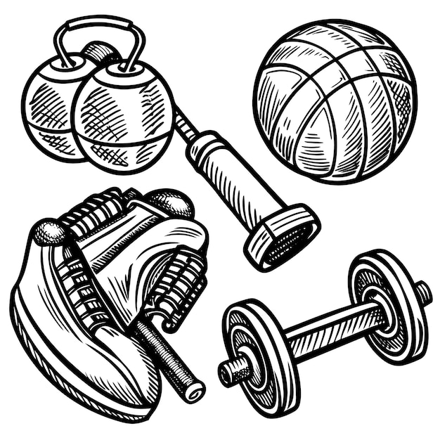 Hand drawn sketch of various gym equipment such as a dumbbell kettlebell shoe and basketball