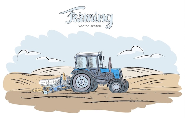 Hand drawn sketch with tractor on field.