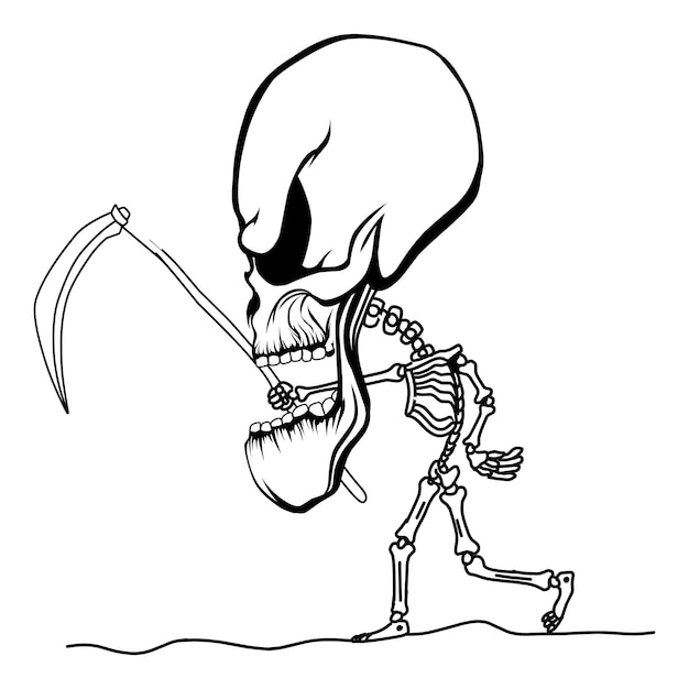 hand drawn skull character in black and white design