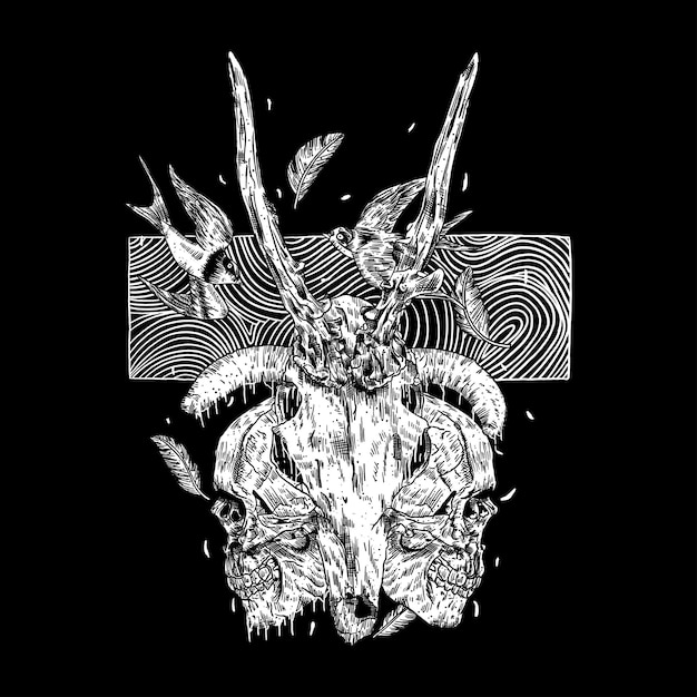 Vector hand drawn skull goat death metal illustration