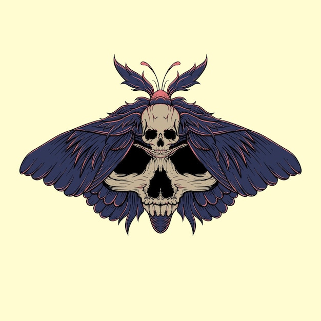 Hand drawn Skull Head in Butterfly Body Illustration