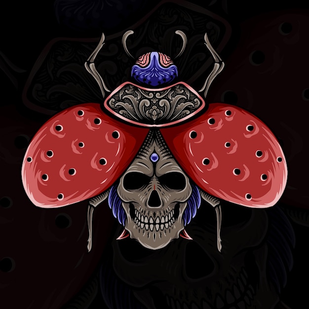 hand drawn skull with red beetle illustration background black