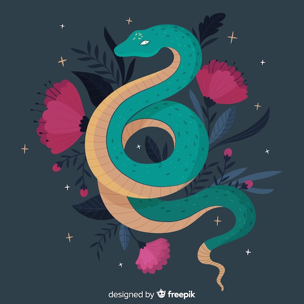 Hand drawn snake with flowers background