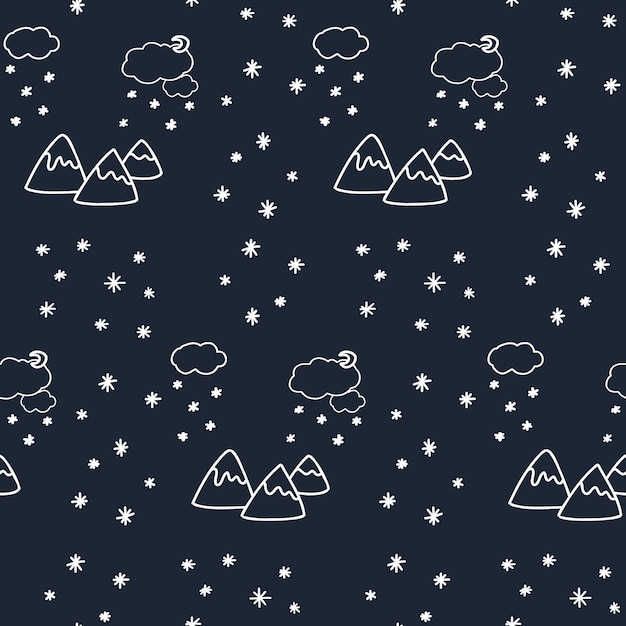 Hand drawn snow in the mountains, blue and white seamless pattern, nature scribble. Cute doodle.