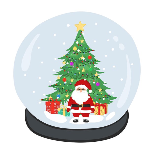 Hand drawn snowball with Christmas tree, Santa Claus, ornaments, stars, garlands and gift boxes. Snow globe. Vector doodle sketch illustration isolated on white background.