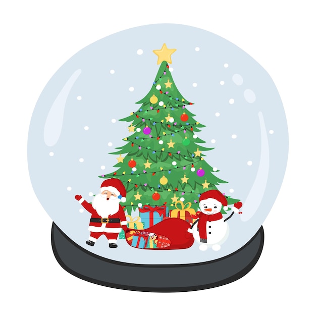 Hand drawn snowball with Christmas tree, Santa Claus, snowman, ornaments, stars, garlands and gift boxes. Snow globe. Vector doodle sketch illustration isolated on white background.