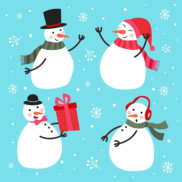 Hand drawn snowman character illustration set free vector