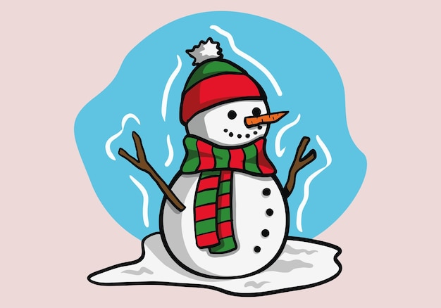 Hand drawn snowman with a scarf and hat isolated in a background.