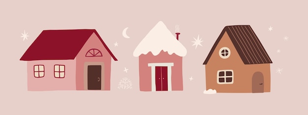 Hand drawn snowy houses vector illustration set