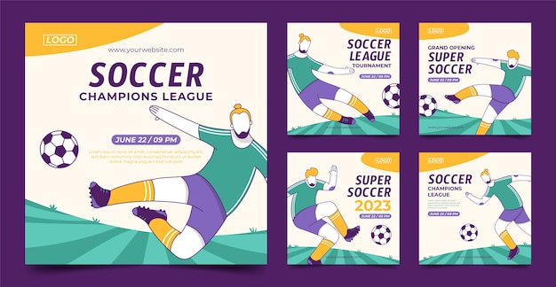 Hand drawn soccer instagram post set