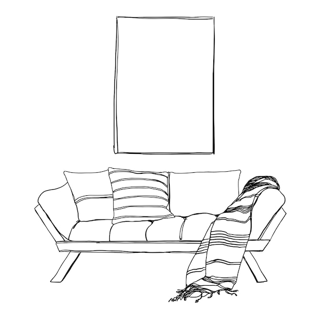 Hand drawn sofa pillow and blanket Furniture sketch interior