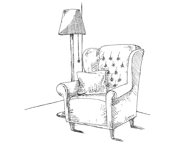 Hand drawn a soft chair with a pillow Nearby is a floor lamp Vector illustration in sketch style