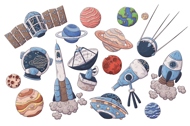 Hand drawn spaceships and planets collection Vector. Each object can be changed and moved for your design.