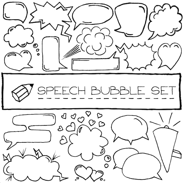 Hand drawn speech bubbles with hearts and clouds. Vector illustration.