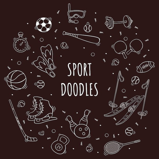 Hand drawn sport equipment icon set in doodle style