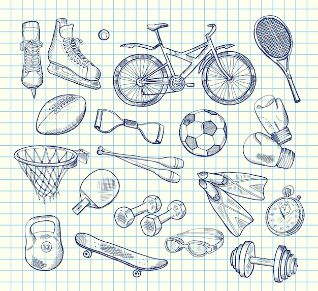 Vector hand drawn sports equipment on notebook 