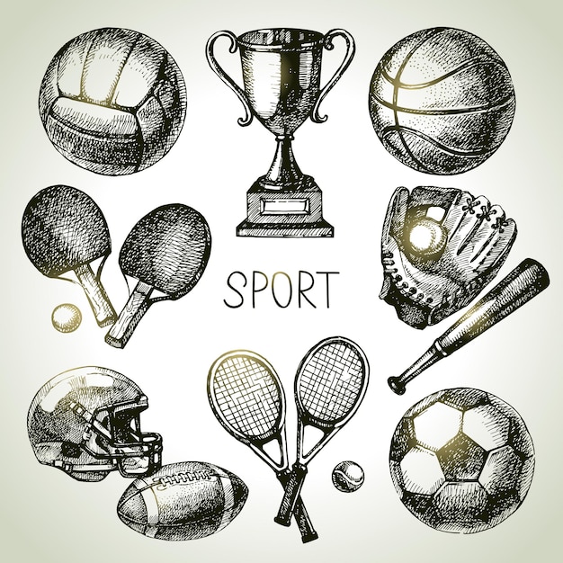 Hand drawn sports set Sketch sport balls Vector illustration