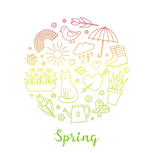 Vector hand drawn spring items in circle