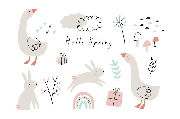 Hand drawn spring pattern with cute cartoon goose bunny flowers leaves