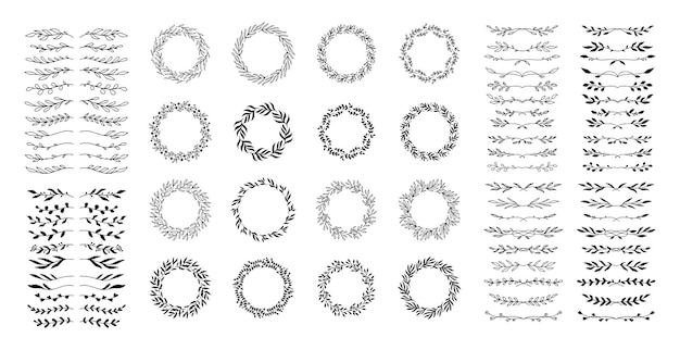 Vector hand drawn spring wreaths floral elements isolated white background set silhouette circle leaves