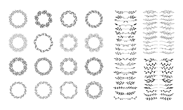 Vector hand drawn spring wreaths floral elements isolated white background set silhouette circle leaves