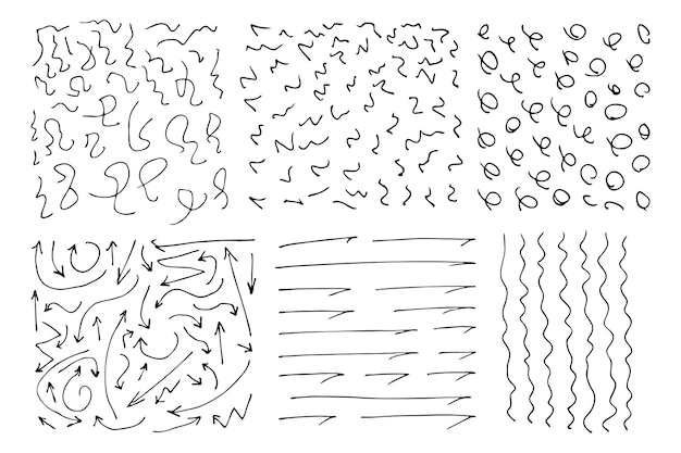 Hand drawn squiggles. Big set of curly swirls. Black sketch isolated on white background. Vector illustration.