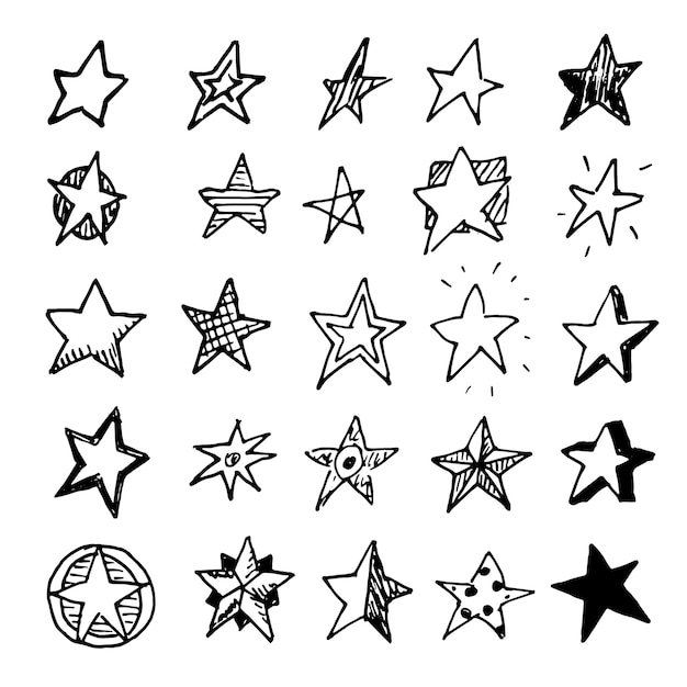 Hand Drawn stars doodles set. Sketch style icons. Decoration element. Isolated on white background. Flat design. Vector illustration.