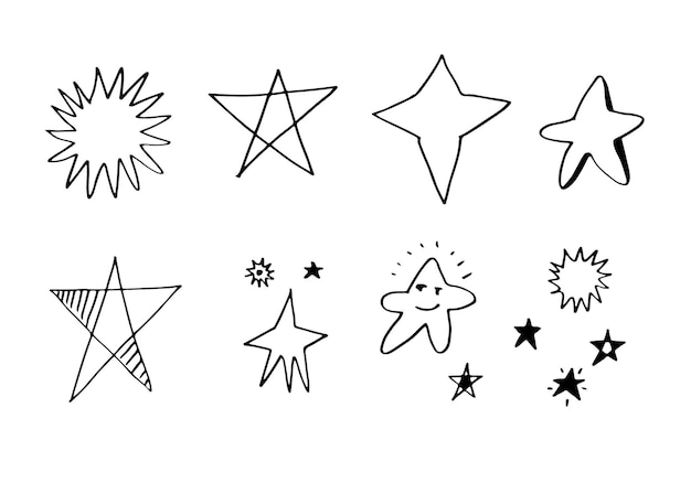 Hand drawn stars set Star doodles collection on white background