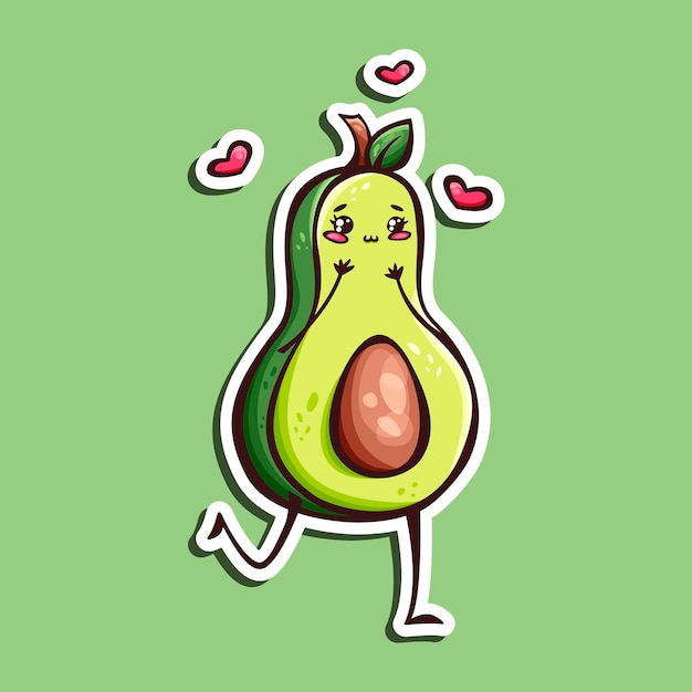 Hand drawn sticker of cute kawaii avocado and little hearts in doodle style Cute avocado sticker