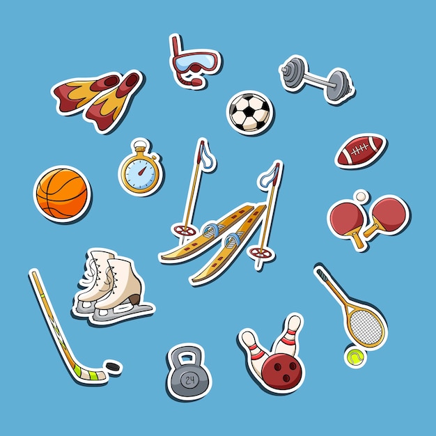 Hand drawn sticker set of sport equipment in doodle style