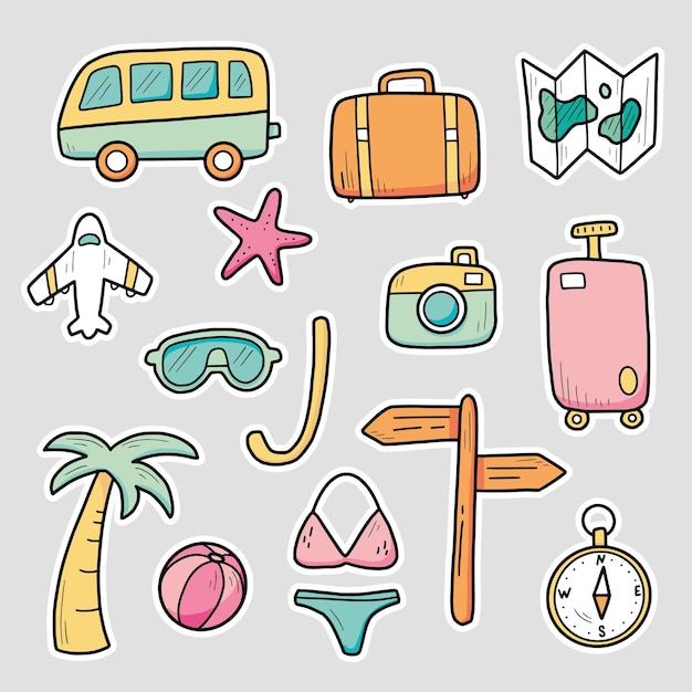 Hand drawn stickers set of travel summer vacation elements