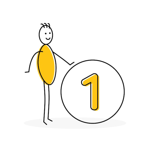 Hand drawn stickman showing number 1 or one isolated on white background.