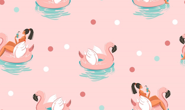 Vector hand drawn  stock abstract cute summer time cartoon illustrations seamless pattern with unicornand flamingo rubbers rings and dolphins  on pink background.