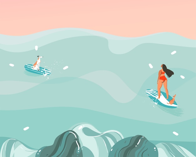 Hand drawn stock abstract graphic illustration with a funny sunbathing family people group in ocean waves landscape,swimming and surfing isolated on colour background.