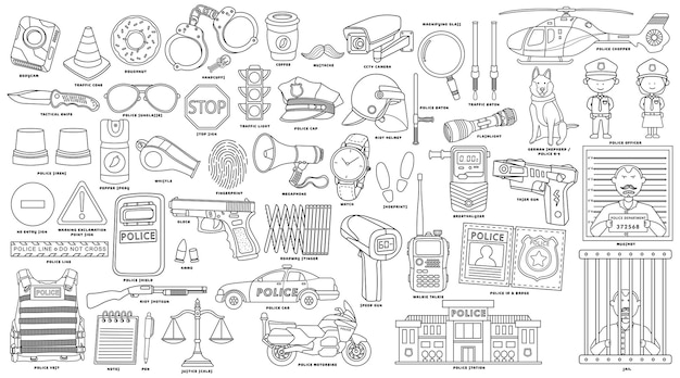 Hand drawn Stock Illustration of Police officer in uniform with accessories and equipment