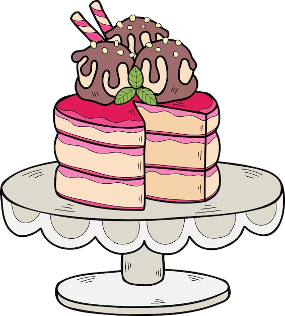 Hand Drawn Strawberry cake on the cake stand illustration