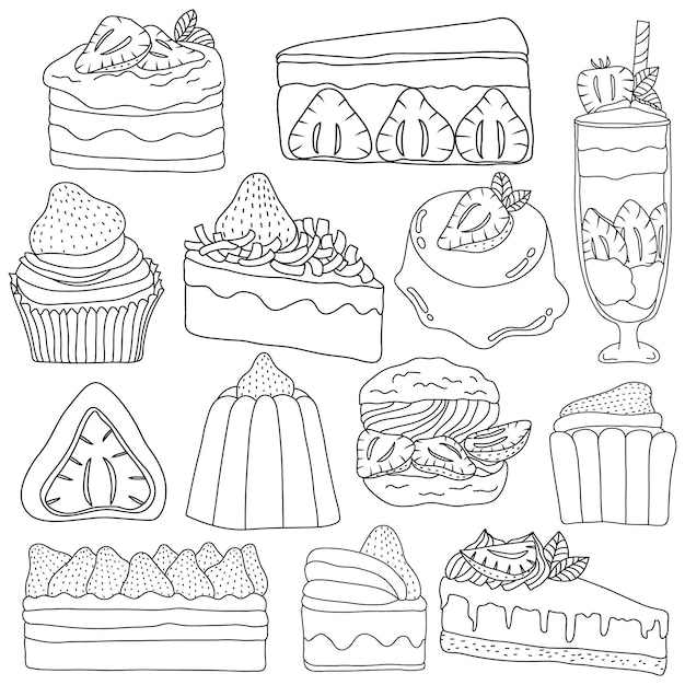 Hand drawn strawberry and chocolate cake and dessert collection in doodle art style