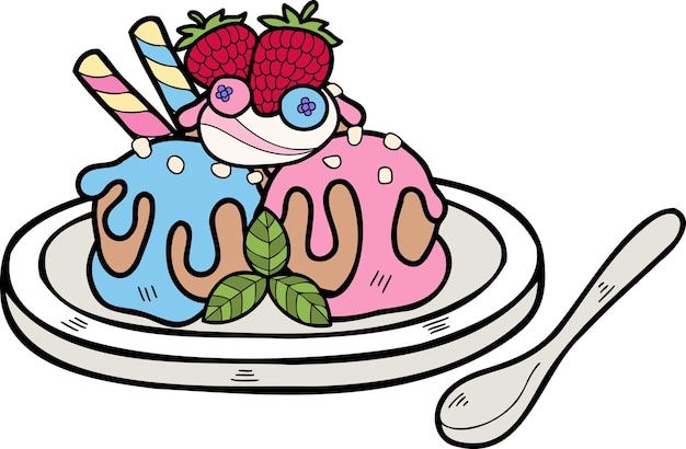 Hand Drawn strawberry ice cream on a plate illustration