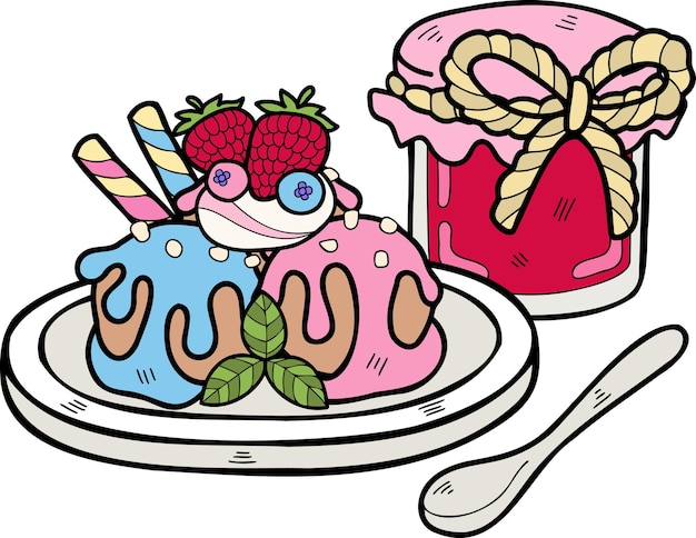 Hand Drawn strawberry ice cream on a plate illustration