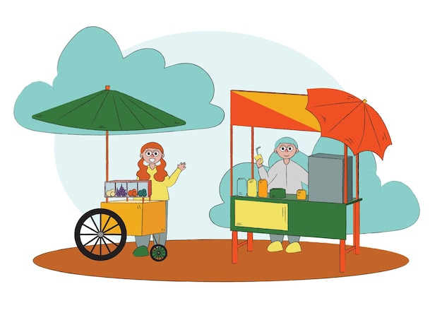 Hand drawn street food vendor concept Fruit selling cart and juice stall flat vector illustration background