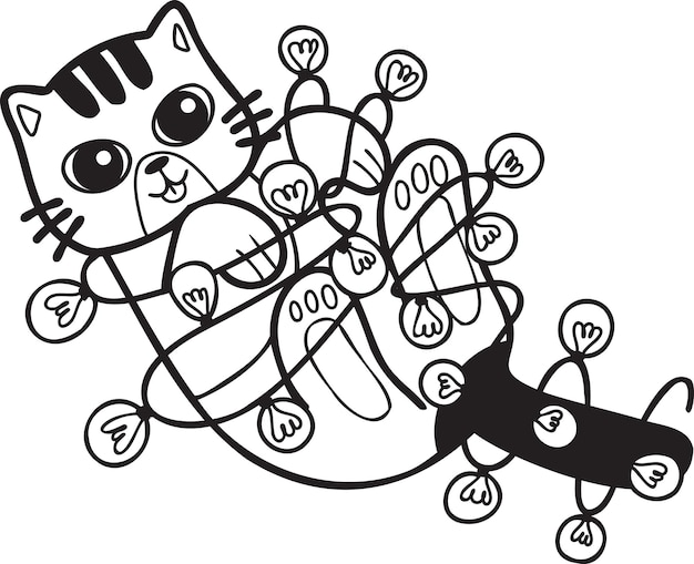 Hand Drawn striped cat playing with light bulb illustration in doodle style