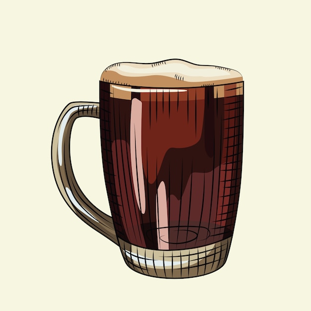 Hand drawn style glass of dark beer. Full beer mug with foam isolated on light background.