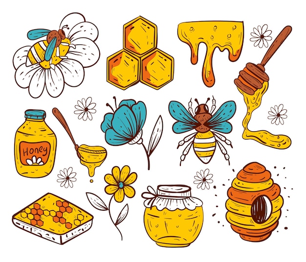 Hand drawn style honey isolated grapgic design elements set