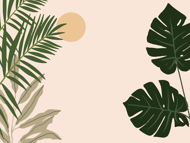 Hand drawn summer background with tropical plants and palm leave Floral wallpaper in cartoon style