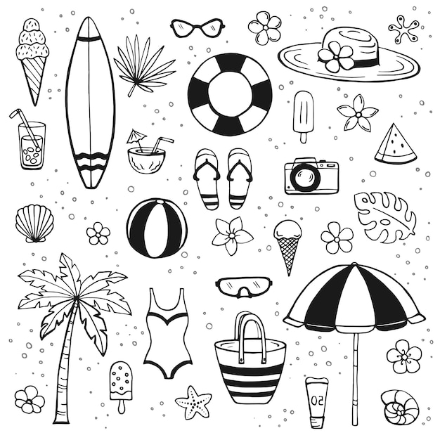 Hand drawn summer beach set Collection of scrapbooking elements for beach party