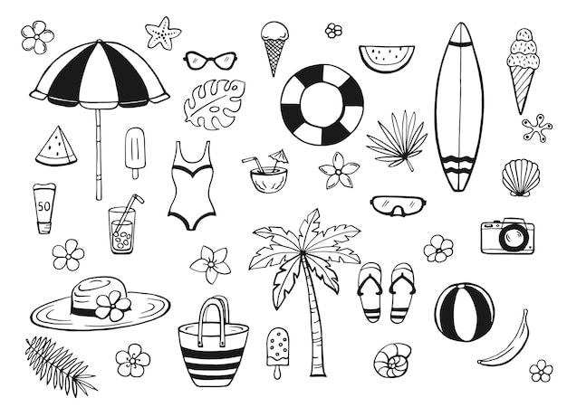 Hand drawn summer beach set Collection of scrapbooking elements for beach party