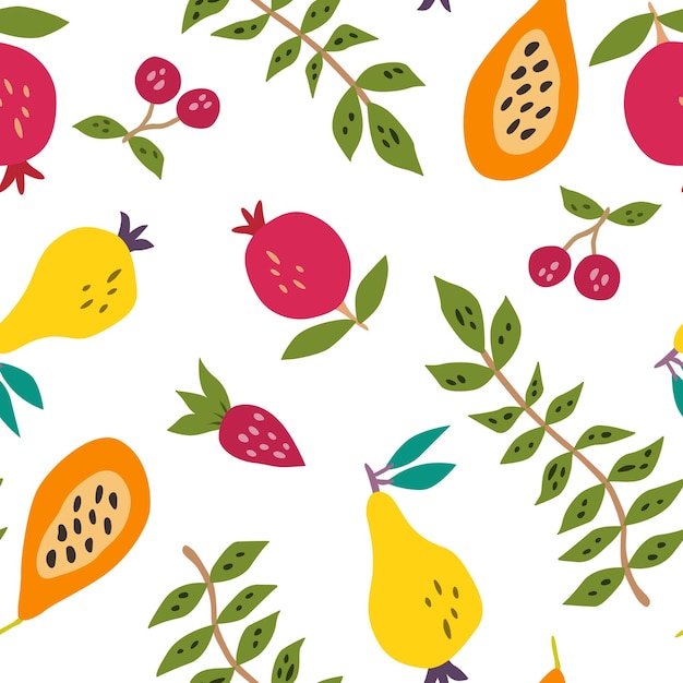 Hand drawn summer fruits seamless pattern Cherry pomegranate papaya pear strawberry and palm leaves