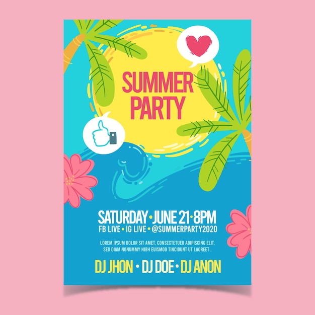 Hand drawn summer party flyer template