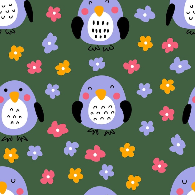 Hand drawn summer penguins with flowers seamless pattern for Tshirt textile and print