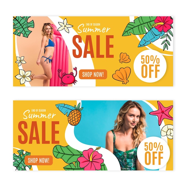 Hand drawn summer sale banner template with photo